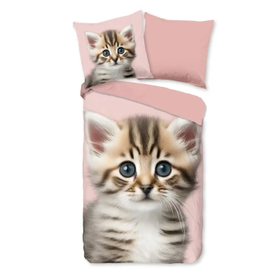 Afbeelding van Dekbedovertrek voor Kinderen 135x200 cm Schattige Kat Print Roze 1 Persoons 100% Katoen Flanel