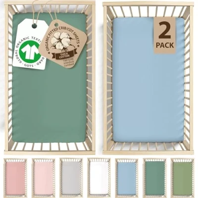 Afbeelding van Bunnyjik GOTS Organic Set van 2 Spacesaver hoeslakens, blauw + saliegroen, 100 x 52 cm