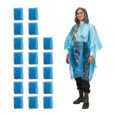 Afbeelding van Relaxdays 20 stuks wegwerp regenponcho&#039;s met capuchon voor wandelen, festival, noodgevallen, dames en heren, blauw