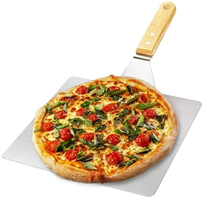 Afbeelding van pizzaschep van roestvrij staal pizza en cakeschep met houten handvat pizzaschuiver voor pizza, tarte flambée, broodjes brood (zilver / bruin hoekig)
