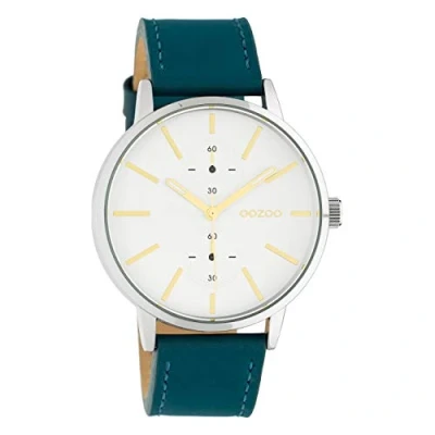 Afbeelding van Oozoo Chronograaf C10587 Unisex lederen band 42mm zilver/blauwgroen, zilver., Riem