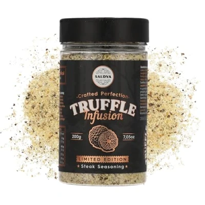 Image de Premium Truffle Steak &amp; BBQ Rub Assaisonnement gourmet en édition limitée Infusé à la truffe pour une saveur luxueuse Mélange d’épices unique Grand bocal (200 g)