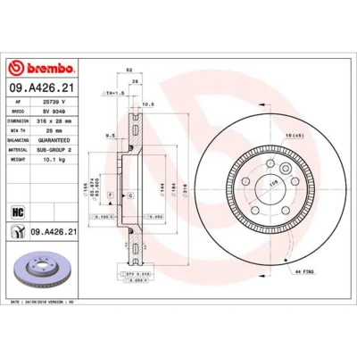 Afbeelding van BREMBO 09.A426.21 Remschijf 316 28 5 interne ventilatie Gecoat High carbon VOLVO: V60 I, XC70 II Estate, S60