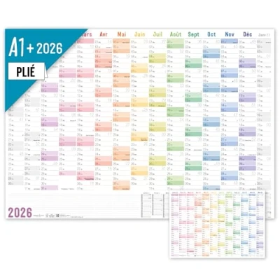 Afbeelding van =Häfft® XXL wandkalender 2026 A1+ in het Frans (89 x 63 cm) gevouwen &quot;Rainbow&quot; + gratis A4 jaarplanner, wandplanner met Franse feestdagen duurzaam en klimaatvriendelijk