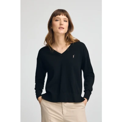 Afbeelding van Polo Club Dames Zwarte Trui Van Wolmix Met V Hals En Geborduurd Rigby Go Logo Xl