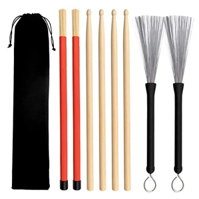 Afbeelding van Gobesty Set van 2 paar hoogwaardige klassieke esdoorn eetstokjes met intrekbare trommelborstel en Dowel drumsticks, plus waterdichte tas