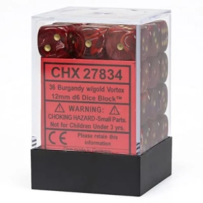Afbeelding van Chessex Vortex Bourgondië/goud D6 12mm Dobbelsteen Set (36 stuks)