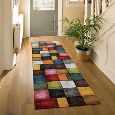 Afbeelding van Paco Home Laagpolig Vloerkleed Woonkamer Meerkleurig Ruit Ontwerp Vierkanten Kleurrijk 80x300 cm