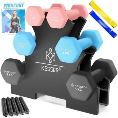 Afbeelding van KESSER® Dumbells Set 3 Paren Gewichten met Standaard verstelbare Dumbell Geschikt voor Krachttraining Halterset oefeningenboekje, 2x fitnessbanden, Roze / Lichtblauw Antraciet 2 x (1+3+5)kg
