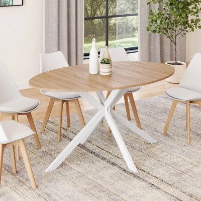 Image de Table à manger ovale 150 cm 8 personnes plateau bois et pied araignée métal blanc IDMarket