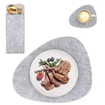Afbeelding van Intirilife 6x vilten mat set in grijs tafelmat glas onderzetter bestekzak placemat voor restaurant en thuis