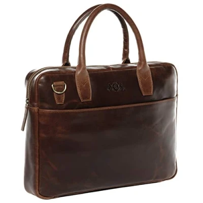 Afbeelding van SID &amp; VAIN Boston Slanke laptoptas van hoogwaardig leer Grote zakelijke tas voor dames en heren Laptopvak 17 inch Schoudertas, Bruin/Cognac, aktetas