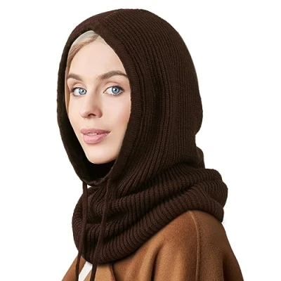 Afbeelding van DRESHOW Winterhoeden voor dames, balaclava, gebreide beanie, schedel, pet met trekkoord, hoed, sjaal capuchon, 1 x Hooded Hoed: Coffee