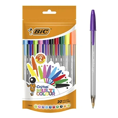 Afbeelding van BIC Cristal Multicolour Balpennen Brede Punt (1.6 mm) Verschillende Kleuren Doypack van 20 Stuks
