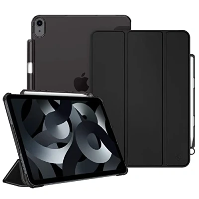 Afbeelding van Fintie Hoes voor iPad Air 4.Generatie 2020 10.9&quot; met Pen houder (Ondersteunt 2e generatie potlood, draadloze oplaadfunctie) Ultradun Case Cover Transparante Achterkant, Auto Wekken/Slapen, Zwart