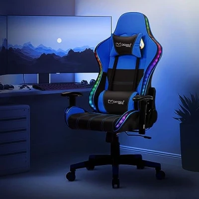 Afbeelding van Gaming stoel met RGB verlichting en Bluetooth boxen Zwart/Blauw in kunstleer ML Design