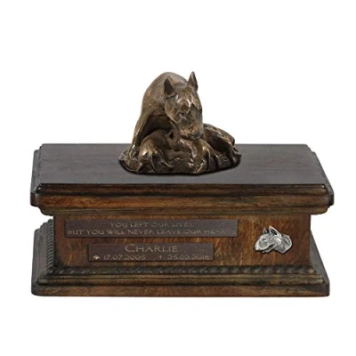 Afbeelding van Persoonlijke urn hond voor Bull Terrier met beeldje en houten design
