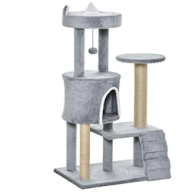 Afbeelding van PawHut Krabpaal kattenboom met kattengrot trap spaanplaat jute grijs D30 360