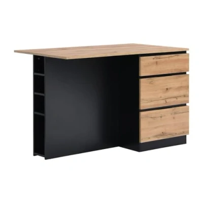 Afbeelding van Centraal keukeneiland met 6 lades en 4 nissen van mdf Licht naturel zwart POMARELA L 140 cm x H 91 D 80