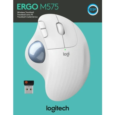 Afbeelding van Logitech Mouse M575, Ergo, Wireless, Unifying, Bluetooth, wit optisch, 400 2000dpi, 5 knoppen, trackball, retail