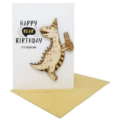 Afbeelding van Woodland Mail Dinosaurus verjaardagskaart voor jongens of meisjes met houten T Rex op de voorkant