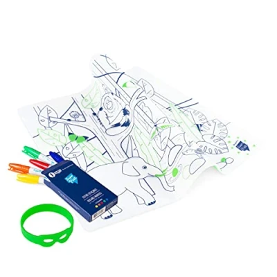 Afbeelding van SUPER PETIT Placemat Jungle thema kleuren voor jonge kunstenaars educatief spel met 5 viltstiften en armband herbruikbaar, antibacterieel, gemakkelijk te reinigen vanaf 3 jaar
