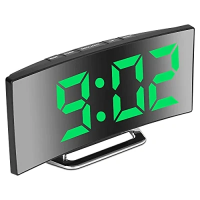 Afbeelding van Digitale wekker, met groot spiegelend led display van 17,8 cm, 2 helderheidsniveaus, 12/24 uur, temperatuur, datum, nachtlampje, sluimerfunctie, opladen via USB, werkt op batterijen Groen