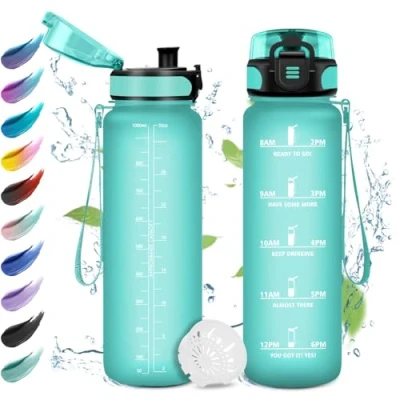 Afbeelding van Sportwaterfles, 1 liter, lekvrije drinkfles, gemakkelijk te openen, sportwaterfles met tijdweergave, waterfles filter, voor volwassenen, kamperen, fietsen,