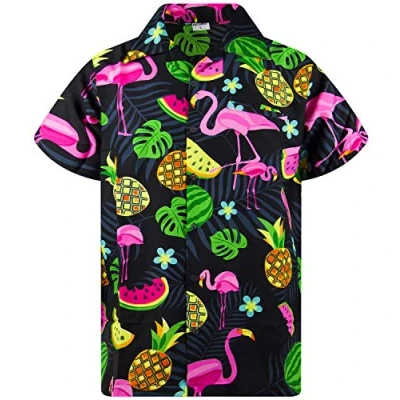 Afbeelding van King Kameha Hawaiiaans Overhemd Hawaii Shirt Heren Korte Mouw Voorvak Hawaiian Afdrukken Flamingo Meloen, Melon Zwart, XXL