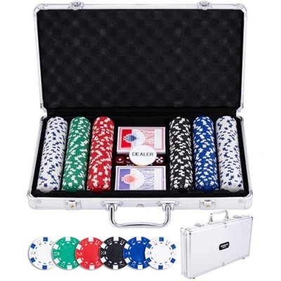 Afbeelding van Engelhart 320910 pokerset koffer van zilverkleurig metaal 300 chips 11,5 g zonder nummer + 2 kaartspellen, 3 kruimeltoetsen, 5 dobbelstenen