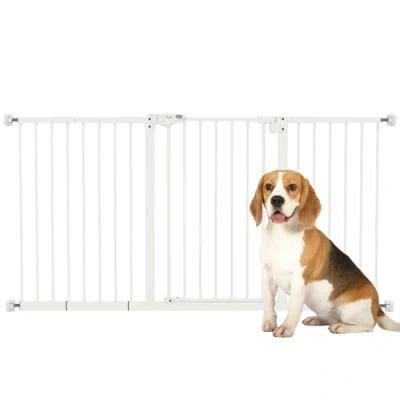 Afbeelding van PawHut Veiligheidshek voor dieren met deur, automatische sluiting, dubbel vergrendelingssysteem, zonder boren, 3 verlengingen, wit