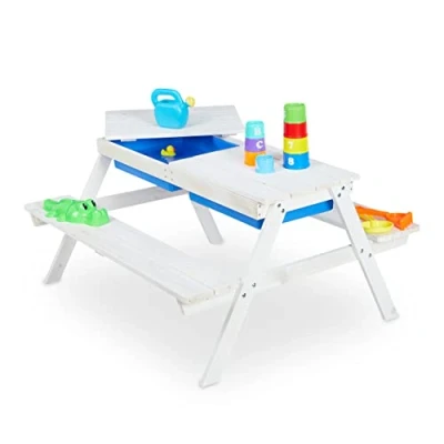 Afbeelding van Relaxdays Kinderzitjes voor buiten, picknickbank, houten modderbadkuipen, kunststof badkuipen, 50 x 89 85 cm (h b d), wit