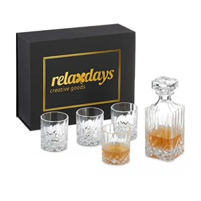 Afbeelding van Relaxdays whiskeyset met karaf en 4 glazen 5 delige whiskey cadeauset vaderdag