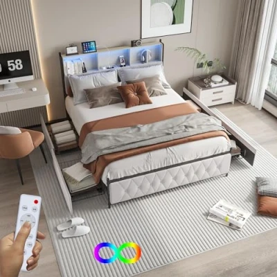Afbeelding van Lit Double Rembourré 140 x 200 cm avec 4 Tiroirs, Coffre Charge USB et éclairage LED, Cadre de Lit, Tete Rangement, Adulte, Velours, Beige (140 cm)