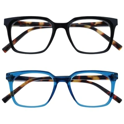 Afbeelding van OPULIZE KOI Lunettes de Lecture 2 Pack Grand Cadre Rectangulaire Noir Bleu Homme Femme Charnières à Ressort RR50 13 +2.50