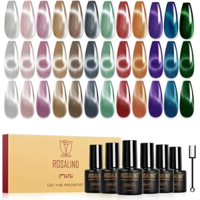 Afbeelding van ROSALIND semi permanente nagellak, magnetisch, 12 kleuren, zilver, paars, bruin, rood, blauw, groen, kattenoog, uv gel, permanent, soak off mini /led gelnagellak met magneet, manicure, cadeau