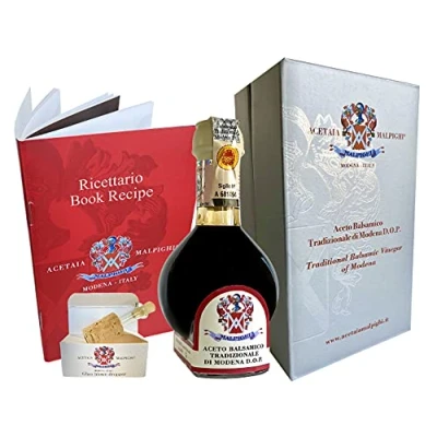 Afbeelding van Acetaia Malpighi Traditionele balsamico azijn model AOP 12 jaar oud 100 ml + glazen doseerder receptenboek