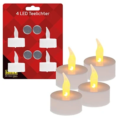 Afbeelding van Idena 408998 Led theelichtjes, 4 stuks, elektrische kaarsen met flikkerend licht, batterijen inbegrepen, decoratie voor bruiloft, feest, Kerstmis, Pasen, als sfeerlicht