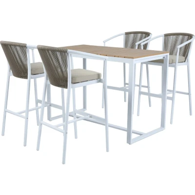 Afbeelding van AXI Ravi Barset met 4 barkrukken Wit Teak look Polywood Gepoedercoat aluminium frame Barkruk kaki kussen en rugleuning van Olefin touwen tafelblad