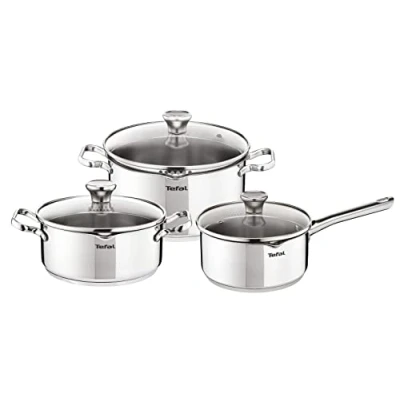 Afbeelding van Tefal Kookgerei, 6 delig, steelpan 16 cm, kookpan 20/24 glazen deksel, inductie, roestvrij staal 18/10, 3 laagse basis, Duetto On A705S636