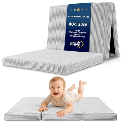 Afbeelding van Matelas lit de voyage 60x120cm pliable pliant épais pour bébés et enfants housse en coton déhoussable Gris Clair