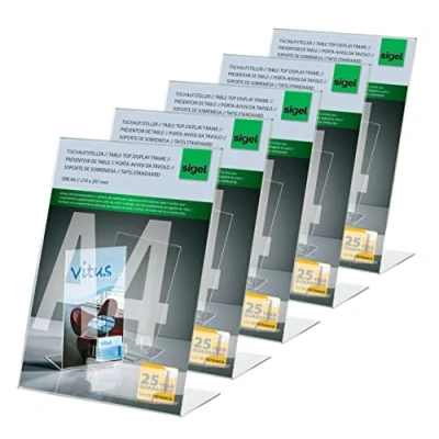 Afbeelding van SIGEL TA230 5 stuks schuine tafelstandaard 30 x 21 12,5 cm met vak voor visitekaartjes, acryl transparant