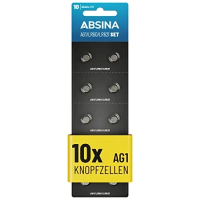 Afbeelding van ABSINA 10 stuks AG1 LR621 alkaline knoopcellen, 1,5 V, lekvrij en lange levensduur, LR60, SR60, 1175S0, 164, 602, 364, V30, SR621