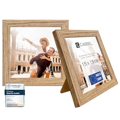 Afbeelding van CABBEL Set van 2 fotolijsten, stabiele mdf houten lijst, onbreekbaar plexiglas, om op te hangen en neer zetten, ideaal voor foto&#039;s/afbeeldingen/collages, eikenhout, 15 x cm