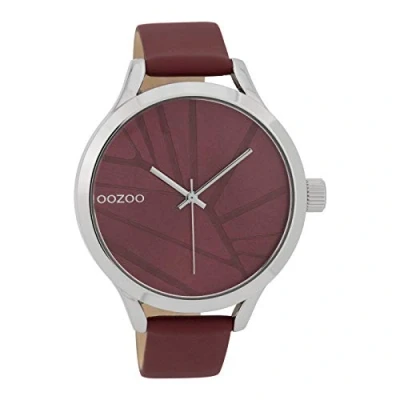 Afbeelding van OOZOO Timepieces Zilverkleurige horloge met bordeaux rode leren band C9682