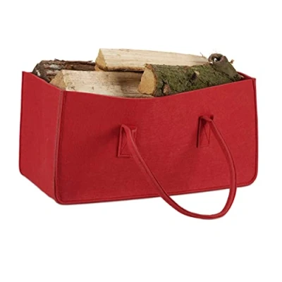 Afbeelding van Relaxdays houtmand van vilt haardhout tas draagtas vilttas flexibel opbergmand rood