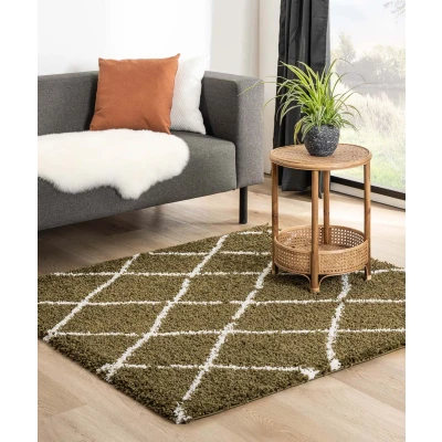 Afbeelding van Vierkant Hoogpolig Tapijt/Vloerkleed Ruiten Habitat Olijfgroen/wit 160x160 Cm
