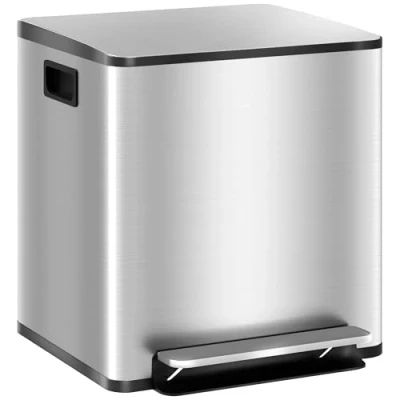 Afbeelding van HOMCOM Keukenafvalemmer, 2 x 15 l, pedaalemmer, vakken, roestvrij staal met softclose deksel, afneembare emmers, 41,8 36,7 44 cm, zilver