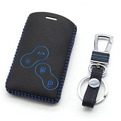Afbeelding van Happyit Lederen autosleutel cover sleutelhanger voor Renault Clio Scenic Megane Duster Sandero Captur Twingo Koleos 4 toetsen afstandsbediening (blauw)