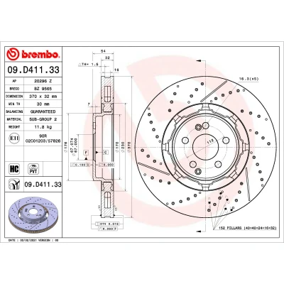 Afbeelding van BREMBO 09.D411.33 Remschijf 370 32 5 met sleuven/geperforeerd, tweedelige remschijf, interne ventilatie Gecoat High carbon MERCEDES BENZ: GLE
